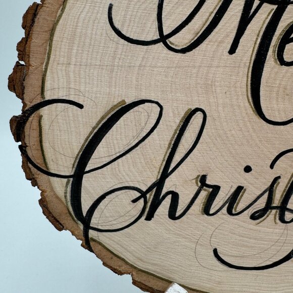 Natural hand cut wood slice hand painted with Merry. Christmas and Tree raw edge - Picture 4 of 10